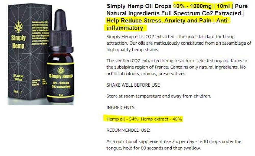 CBD Amazon - Simply Hemp Claims and info on contents